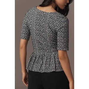 Maeve Anthropologie Animal Print Peplum Top Black White Short Sleeve Womens, L‎